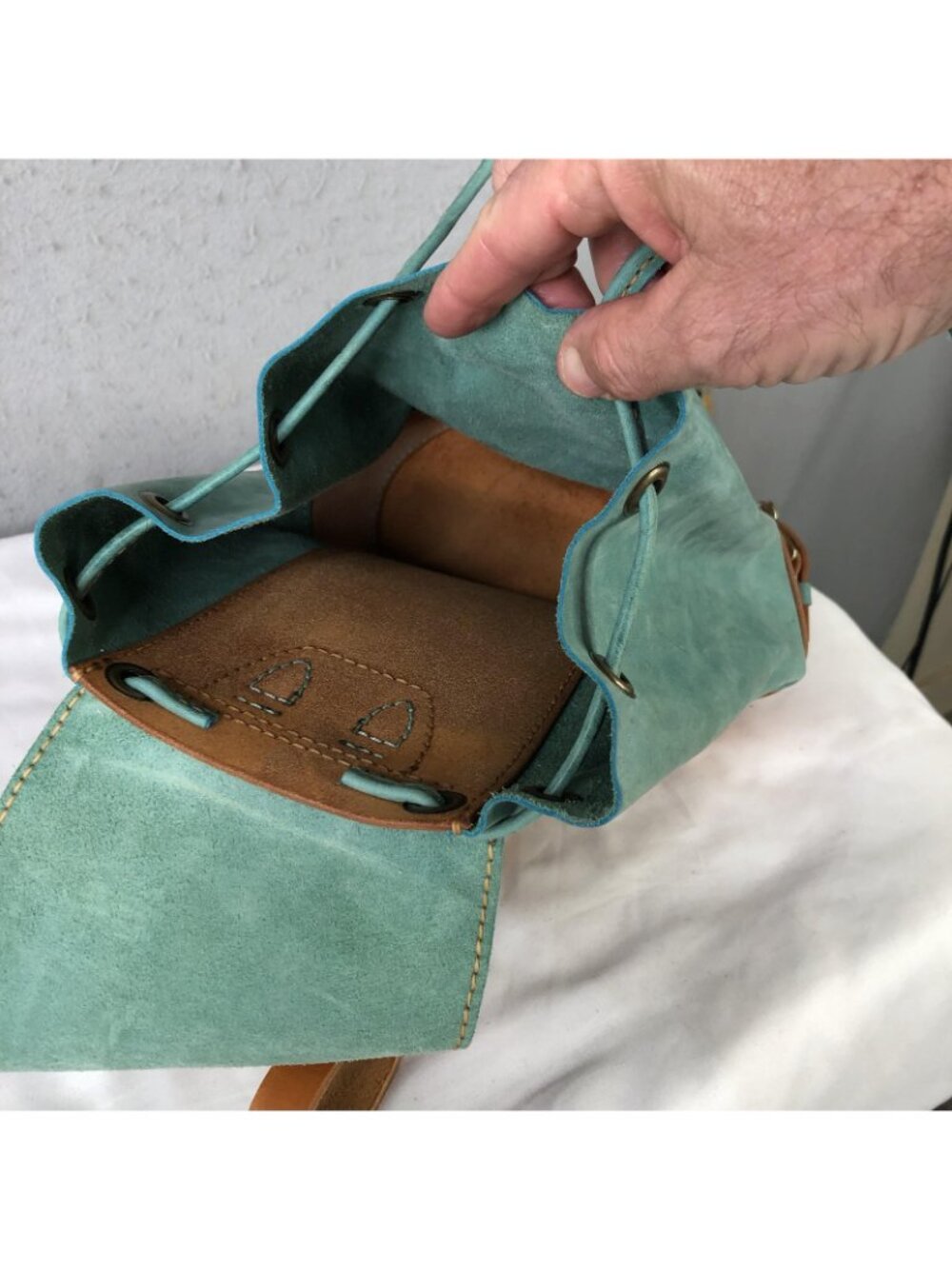 Bespoke Backpack Bag Womens Small Turquoise Brown Leather Boho Drawstring Casual - Picture 10 of 16